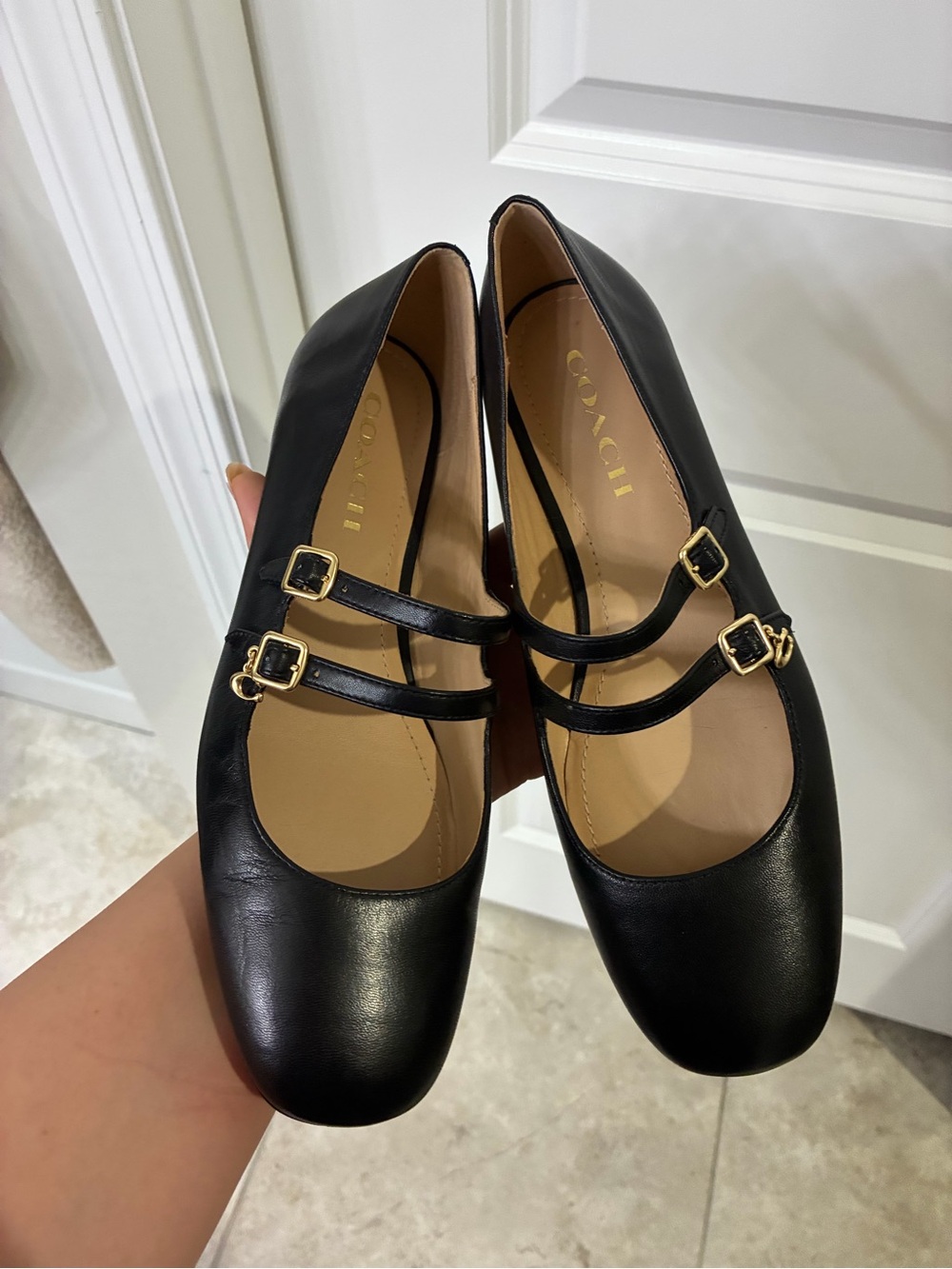 Coach Black Leather Double-Strap Mary Jane Flats